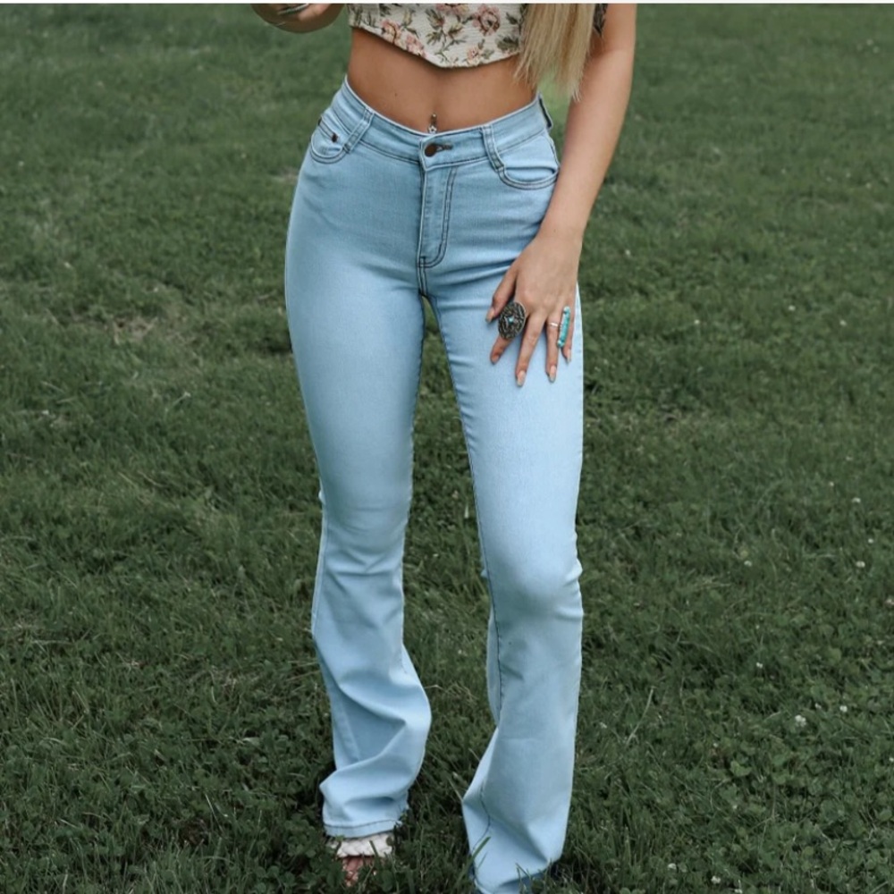 New Light Wash Flare Jeans Stretchy High Waist